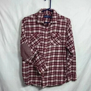 Industry Supply Co Burgandy & Cream Mens Flannel Shirt, Elbow Patches, Size XL.